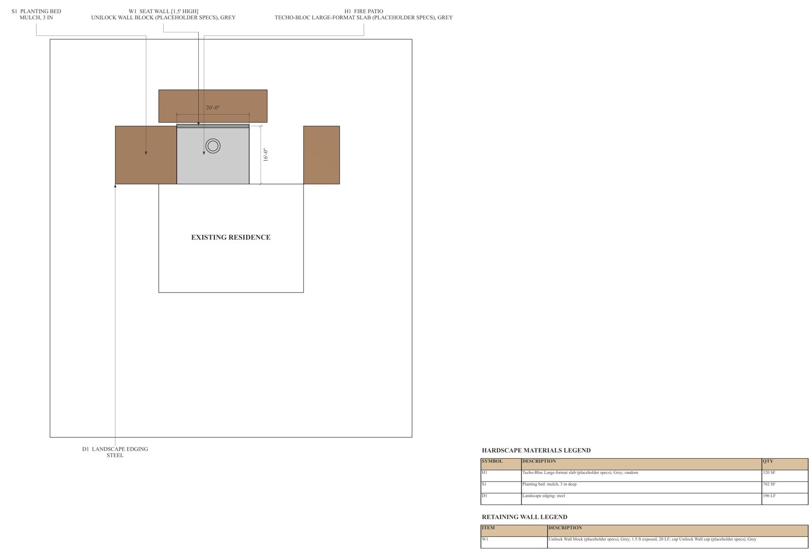 LS.03 hardscape materials sheet with quantity legend